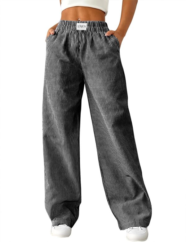 LOMON Women's Striped Gingham Boxer Pants Cotton Pajama Lounge Pj Casual Plaid Trousers Y2K Beach Bottoms with Pockets