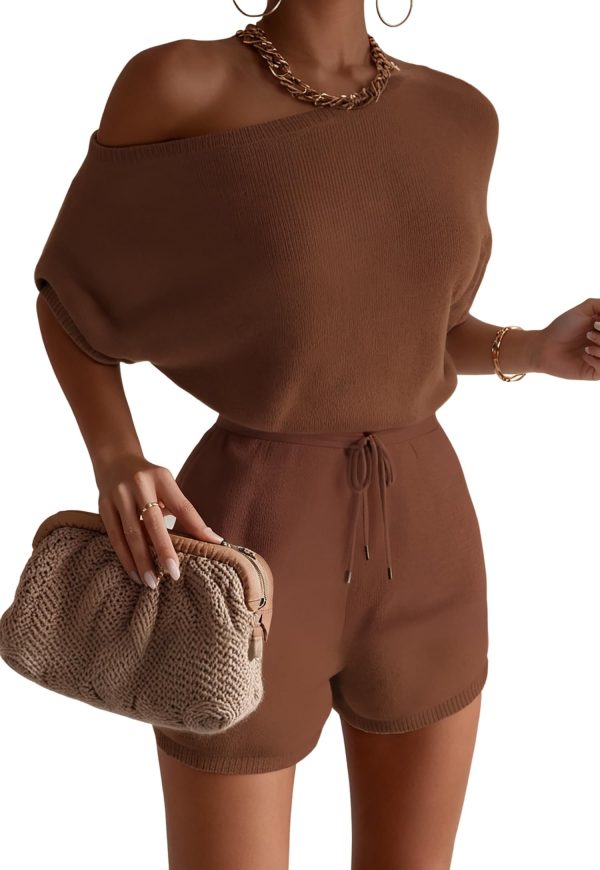 GEMLON Knit Lounge Sets for Women Boatneck Top Drawstring Shorts 2 Piece Outfits Summer