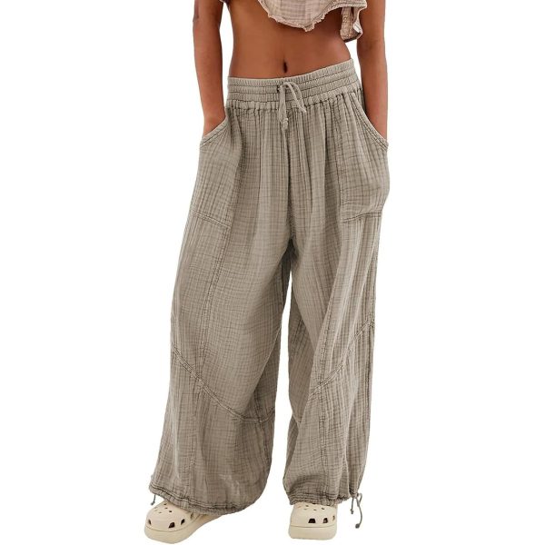 Litetao Linen Pants Women Summer Short Womens Casual Elastic Drawstring Pants Straight Trousers with Pockets Cargo Pants