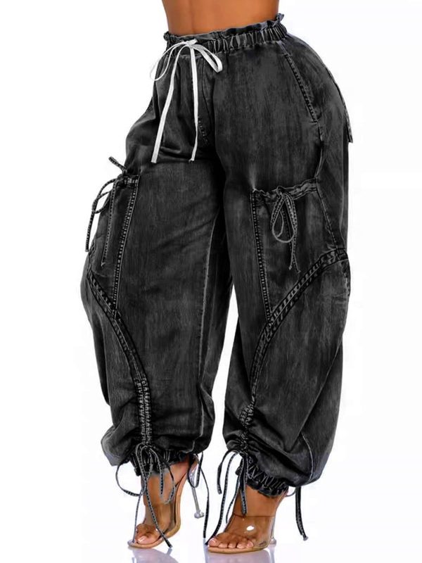 Molisry Women's Drawstring Wide Leg Jeans High Wasited Y2K Harem Baggy Pants Denim Casual Streetwear