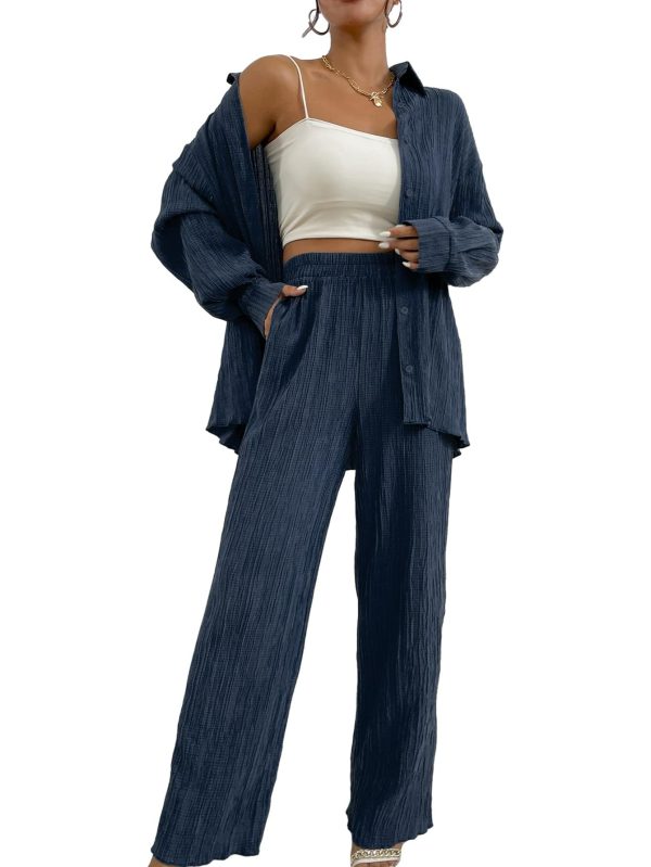 Floerns Women's 2 Piece Outfits Slit Hem Longline Blouse and Wide Leg Pants Set