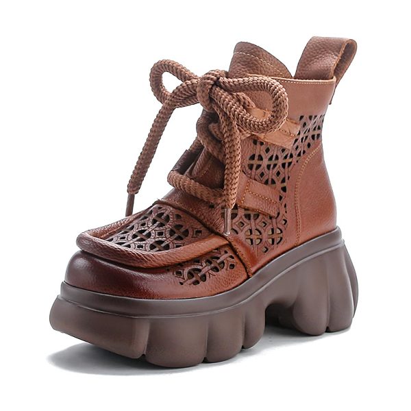Women's Genuine Leather Lace Up Platform Gladiator Sandals With Side Zipper Comfortable Breathable Closed Toe Lug Sole Chunky Heel Summer Hollow Y2K Ankle Boots