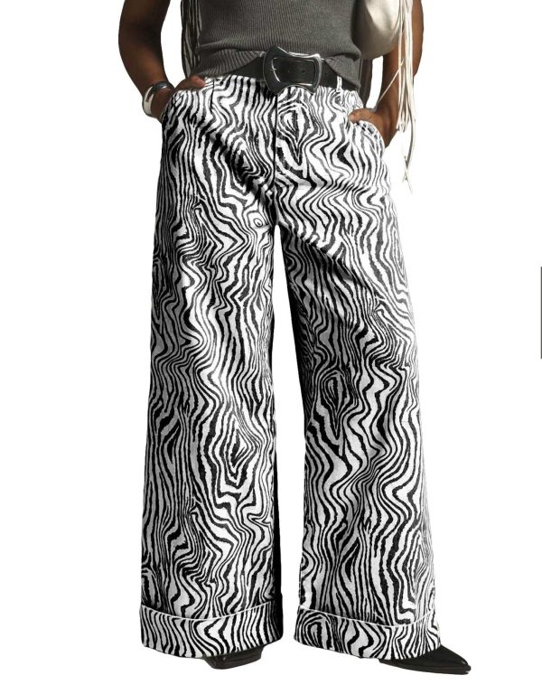 YEXPINE Women's Zebra Printed Wide Leg Pants Double Hem High-Rise Cuffed Baggy Jeans