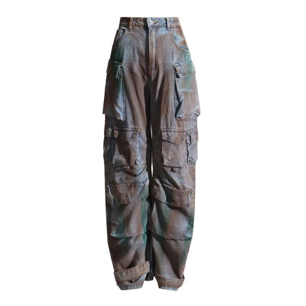 Hesaco Y2K Baggy Cargo Pants Women - High-Waisted Loose Joggers with Pockets, Denim Heavyweight Streetwear
