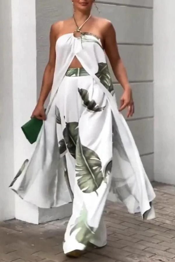 Unleash Your Fashion Edge: Printed Halter Neck Slit Top & Track Pants Set