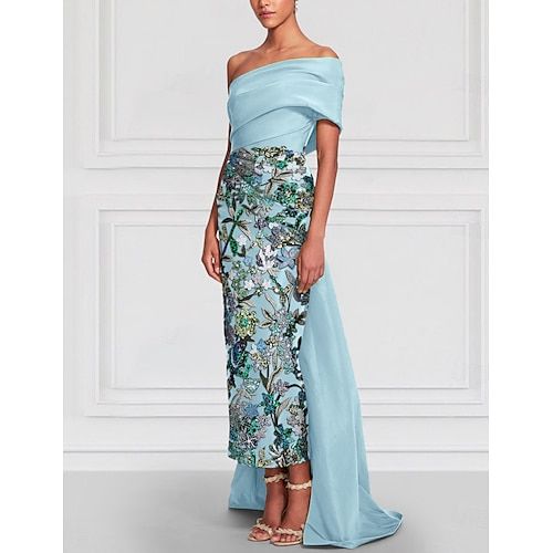 Green Blue Floral Embroidered Column Evening Gown Elegant Dress Formal Wedding Floor Length Short Sleeve Off Shoulder Satin with Slit 2025