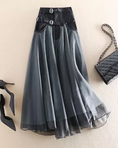 Orcajump – Elegant High-Waisted Half-Skirt with Exquisite Sheer Mesh Cascading Ruffles