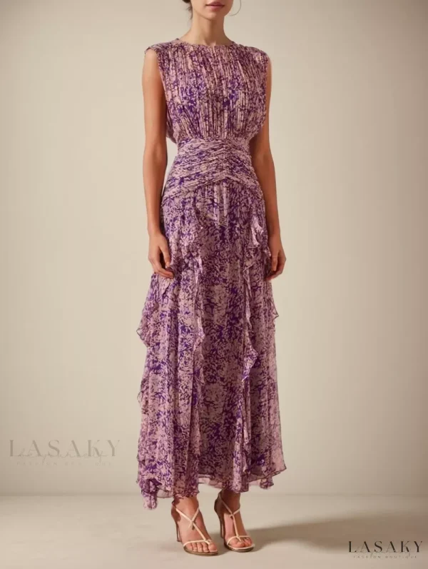 Lasaky - Sleeveless A-Line Dress with Waist Cinching, Pleats, and Ruffled Hem Panel - Purple, S