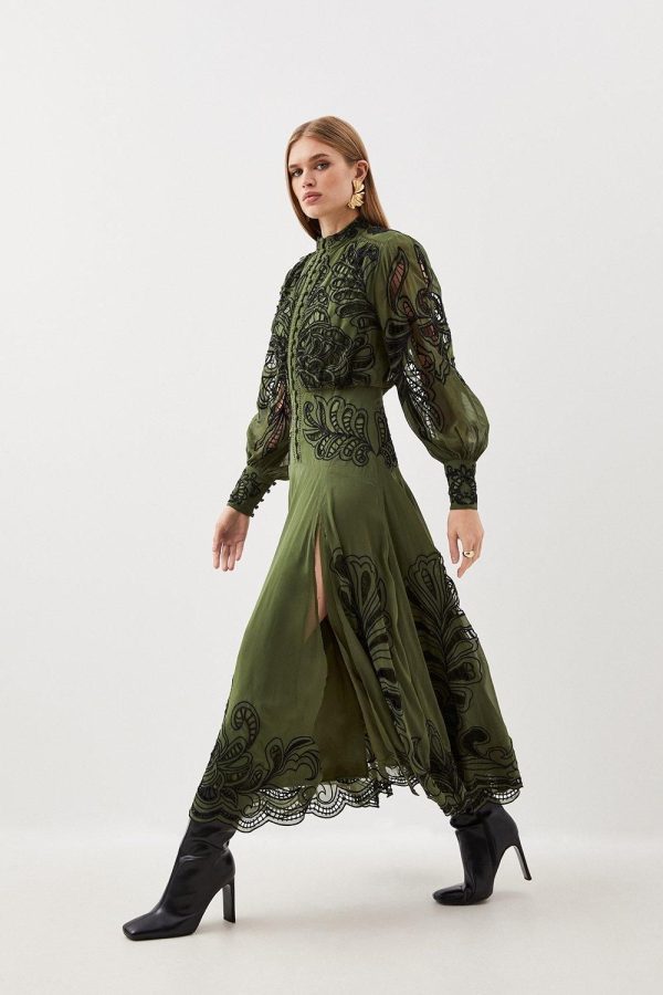 Cutwork Beaded Embroidered Woven Maxi Dress | Karen Millen