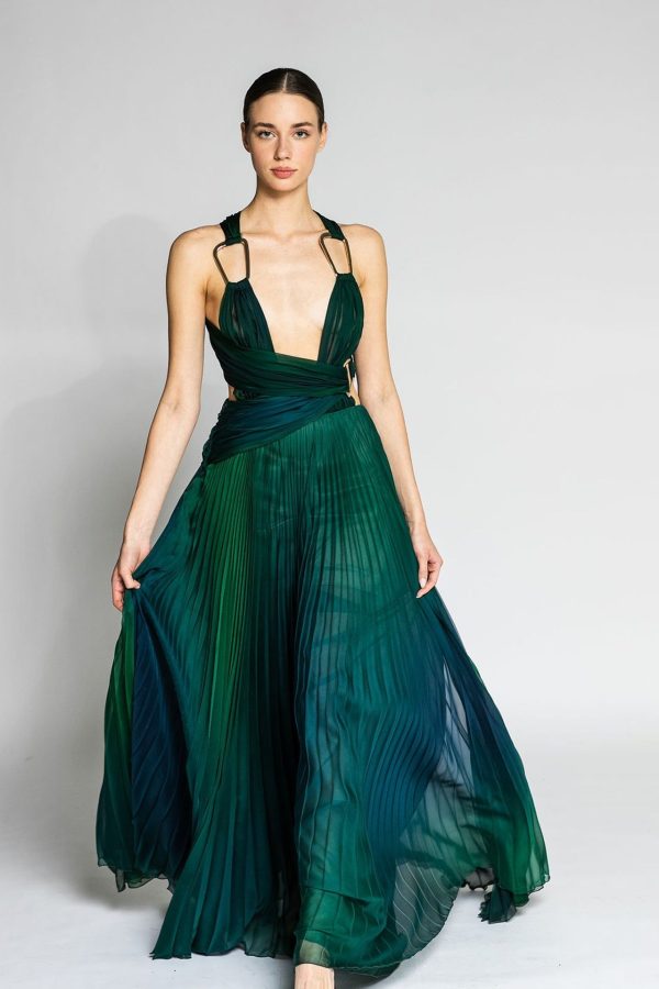 Asymmetrical bodice pleated chiffon dress - US 18 / Dark Green