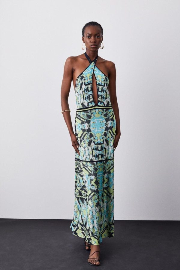 Slinky Knit Contrast Piping Halter Neck Maxi Dress | Karen Millen