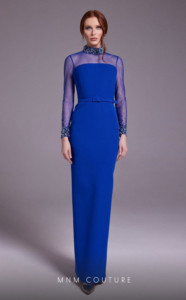 Shop Now: MNM Couture N0530 - Sheer Sheath Gown with Beaded Neck and Long Sleeves