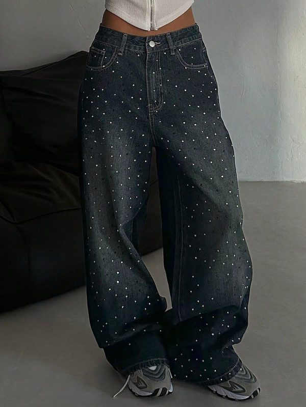 Women's Loose Flared Leg Jeans, Casual Rhinestone Decor Pockets