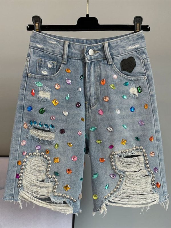 Zingj Summer Women's Jeans Korean Fashion Hole Ripped Beading Vintage Printed Knee Length Denim Pants Y2K High Street XXXL-Picture Color
