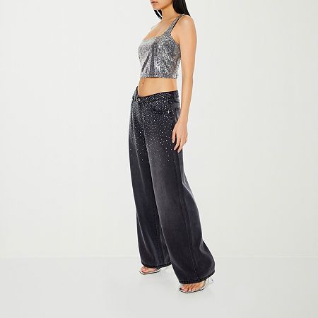 Forever 21 Juniors Rhinestone Embellished Womens Low Rise Baggy Fit Jean | Black | Juniors 24 | Jeans Straight Leg Jeans | Embellished|Rhinestones