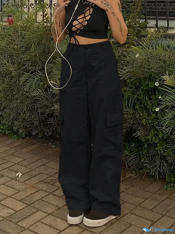 Orcajump - Vintage Style Loose Fit High Waist Straight Leg Jeans with Oversized Fashionable Pockets - black, M