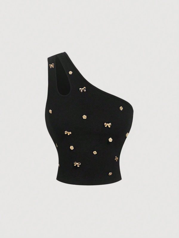 Women's Fashion Hollow-Out Metal Buckle Shoulder Top,Old Money Style,Prom,Graduation,Going Out Tops,Crop Tops,Cute Tops,Black Tops,Asymmetrical Top,Business Casual Woman Tops,One Shoulder Top