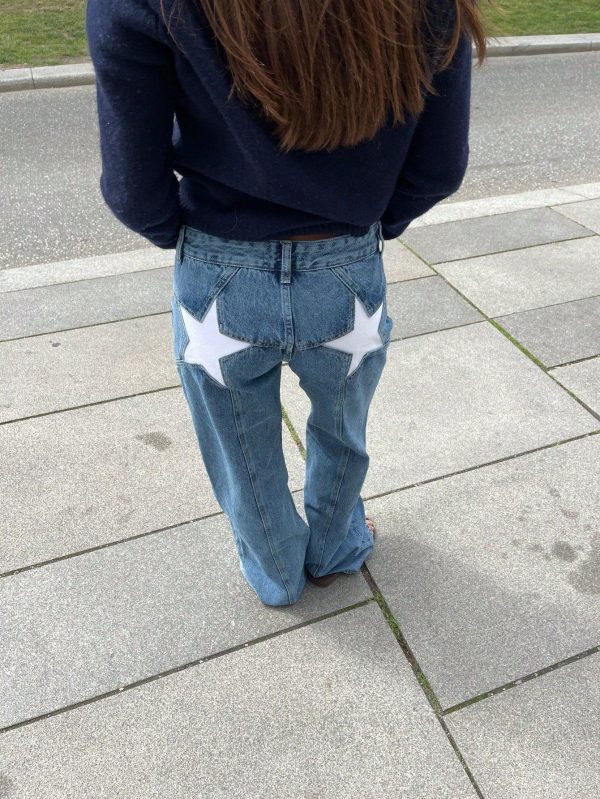 Women Fashion Jeans Star Pattern Loose Denim Pants Spring Fall Casual Low Waist Trousers