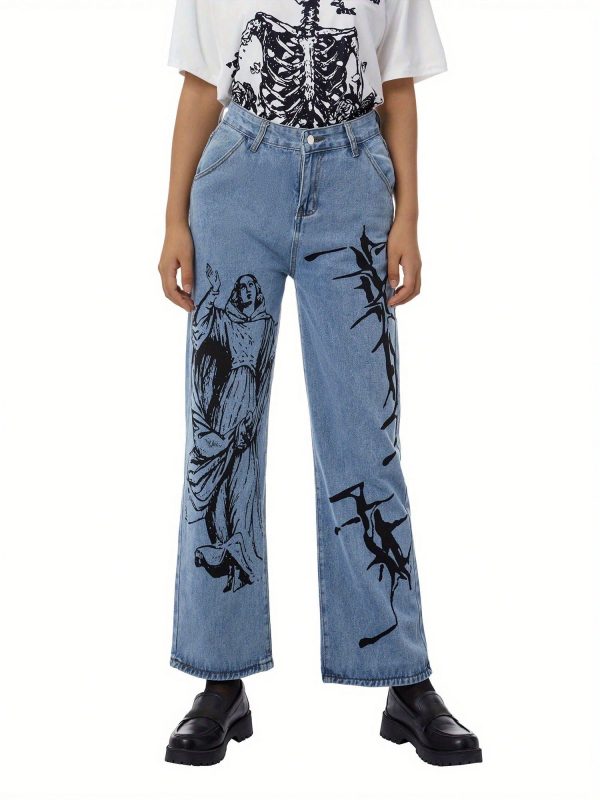 Womens Casual Wide Leg Jeans Vintage Printing High Waist Loose Denim Pants With Pocket