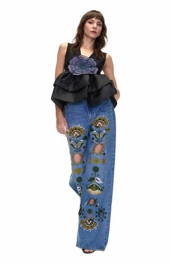 Cynthia Rowley Embroidered Wide-leg Jean in Blue_Multi at Nordstrom, Size 30