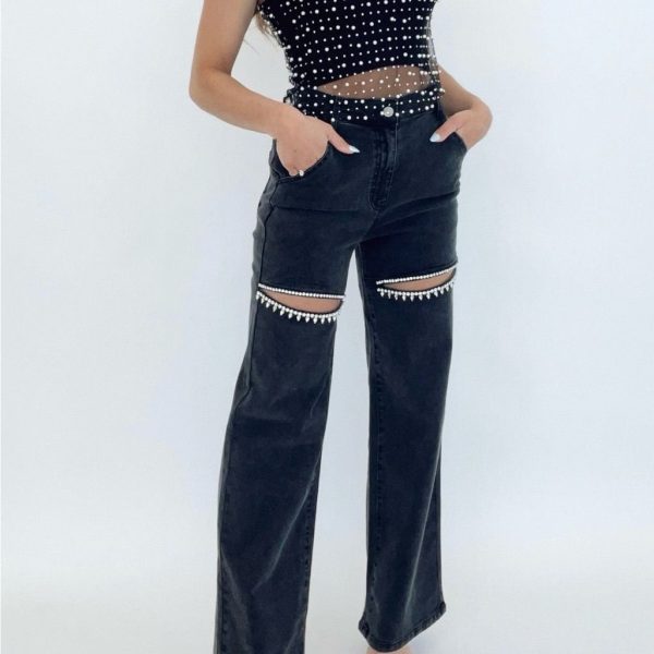Ballerini Jeans | Black Flare Wide Leg Jeans With High Waist And Cut-Out Details | Color: Black | Size: Small