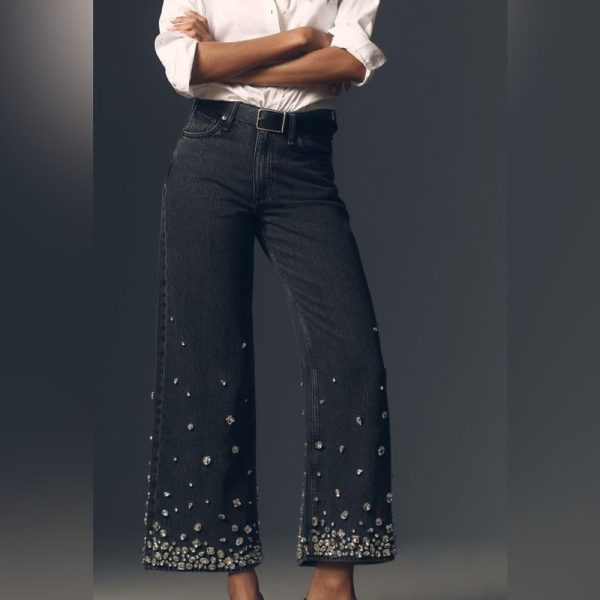 Rag & Bone Jeans | Nwt Rag & Bone's Andi Featherweight High-Rise Wide-Leg Embellished Jeans Size 27 | Color: Black/Gray | Size: 27