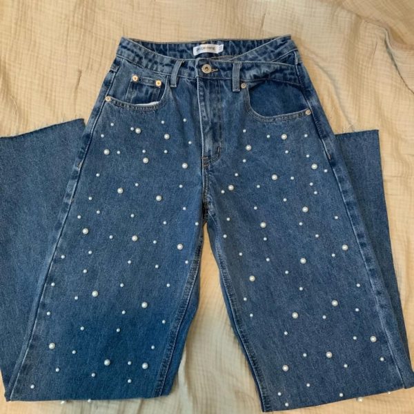 Beginning Boutique Jeans | New Beginning Boutique Denim Dazzle Pearl Mid Wash High Waisted Jeans Bejeweled | Color: White | Size: 2