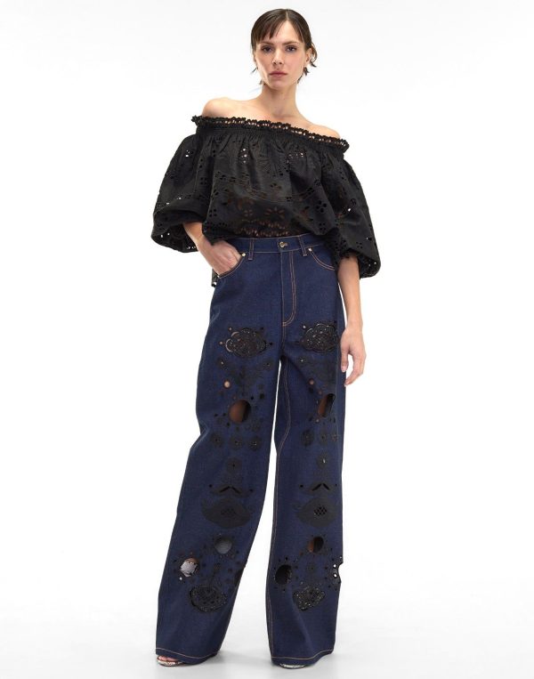 Embroidered Wide-leg Jean - NVBLK / 30