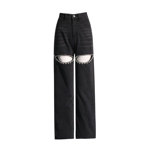 Zingj Zingj Jeans Female 2024 New Fashion Nail Drill Design Sense Hollow Out Wash Water Versatile Trousers Summer Pants Darkgrey-M