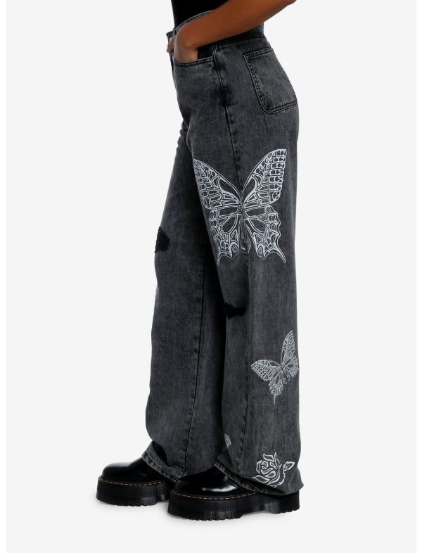 Black Wash Butterfly Rose Destructed Wide Leg Denim Pants | Hot Topic