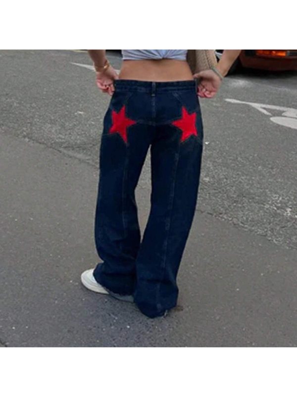 Women Jeans Star Pattern Loose Denim Pants Spring Fall Casual Low Waist Trousers