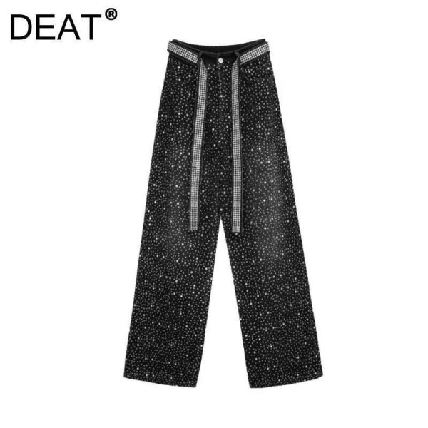 DEAT Women's Denim Pants High Waist Full Diamonds Loose Wide Leg Belt Female Straight Jeans 2025 New