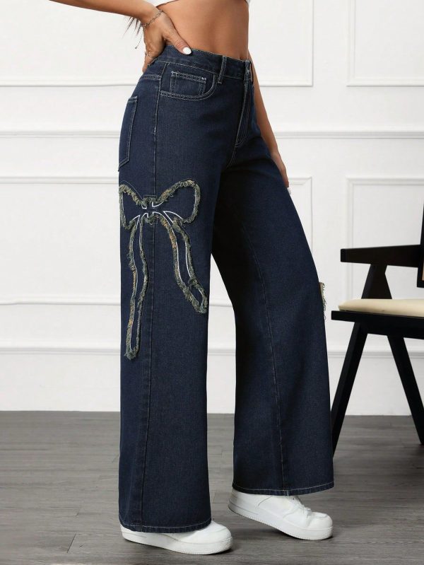 Women's Bowknot Pocket Wide Leg Straight Denim Jeans