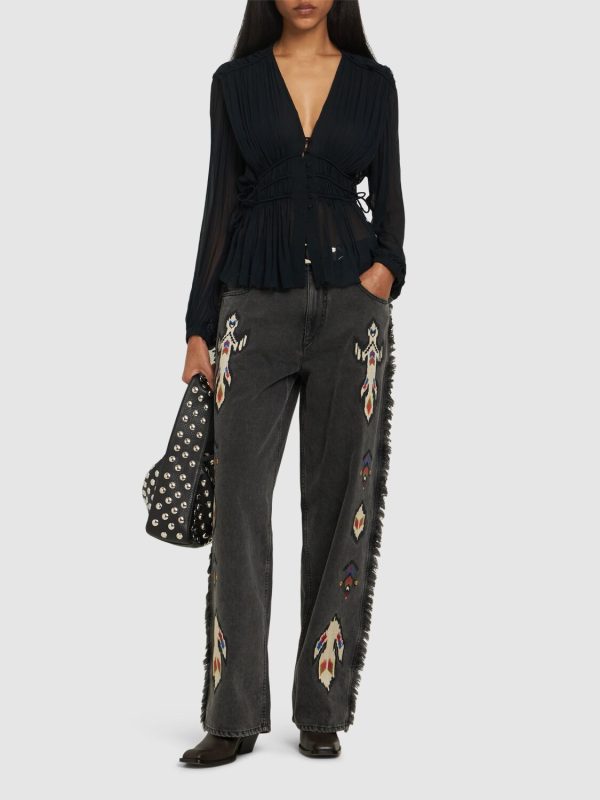 Marant Etoile Maella Embroidered Wide Leg Jeans - Dark Grey