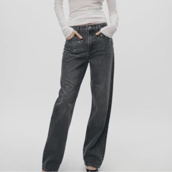 Zara Jeans | Zara Zw Collection Slim Straight Cut Jewel Jeans - Gray, Size 8 | Color: Gray | Size: 30