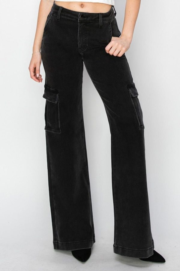Risen Full Size High Rise Wide Leg Cargo Jeans - Black / 9(29)