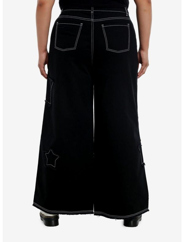 Black Frayed Star Patch Wide Leg Pants Plus Size | Hot Topic