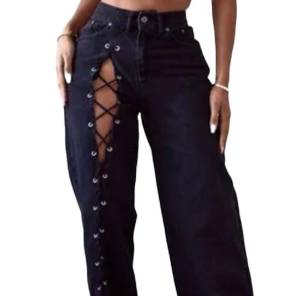 Prettylittlething Jeans | Prettylittlething Lace Up Leg Jeans | Color: Black | Size: 14