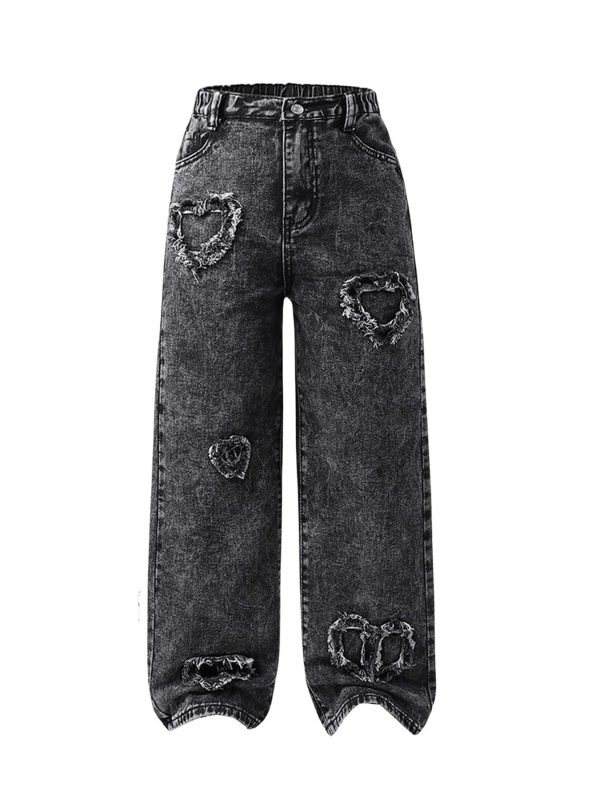 SHENHE Girl's Y2K Heart Applique Elastic High Waist Jeans Wide Leg Loose Denim Pants