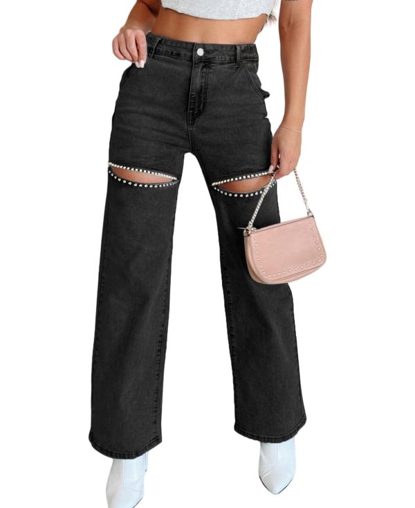 Kedera Women High Waist Denim Jeans Rhinestone Trim Bling Jeans Plus Size Denim Pants