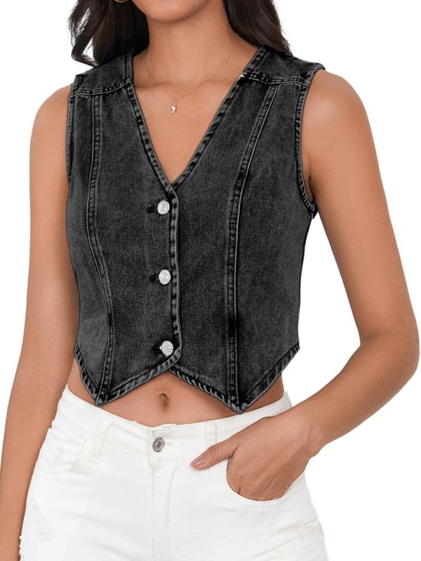SHENHE Women's Denim Vest Button Down Sleeveless Jean Vest Top Y2K Cropped Denim Jacket Country Fashion Western Clothes