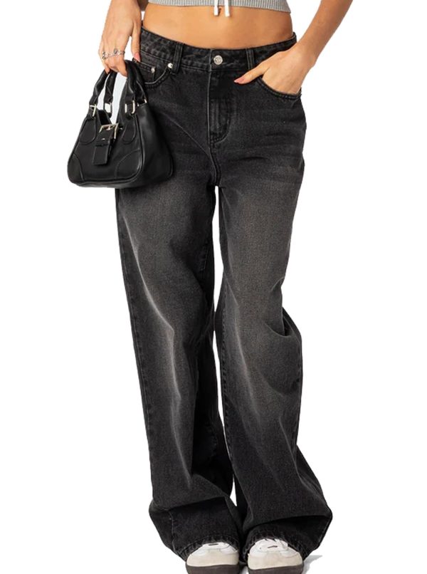 Justalwart Women's Black Low Rise Baggy Jeans