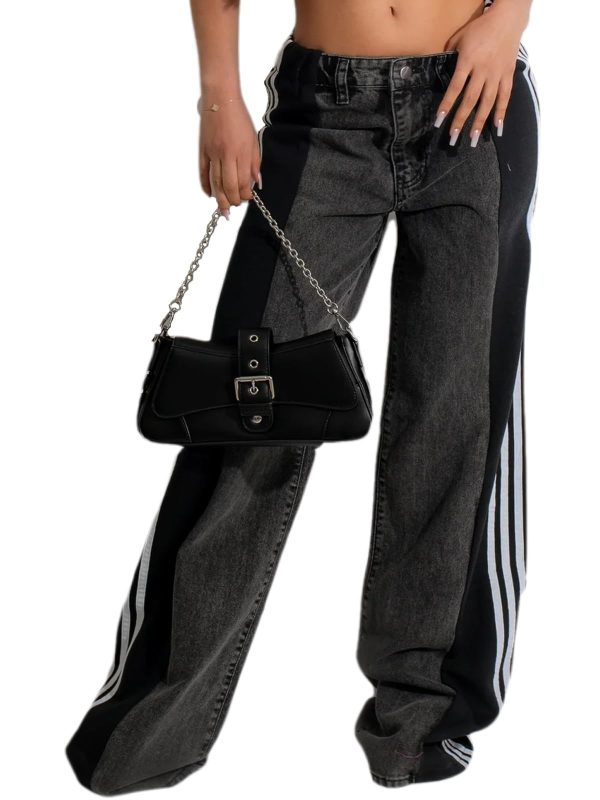 Angsuttc Womens Jeans with Patchwork Stripes High Waisted Stretchy Denim Color Block Straight Wide Leg Trendy Jean