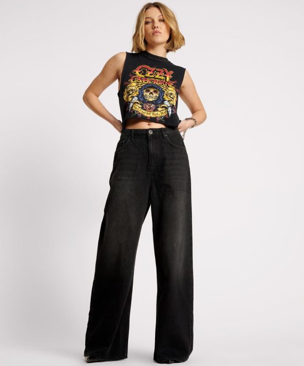 Love Machines Mid Waist Super Wide Leg Denim Jeans - Washed Black | One Teaspoon