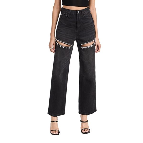 LaurelTree Women's Baggy High Waist Jeans with Rhinestone Studded Cut Outs Ripped Bedazzled Denim Fashion Y2K Wide Leg Pants