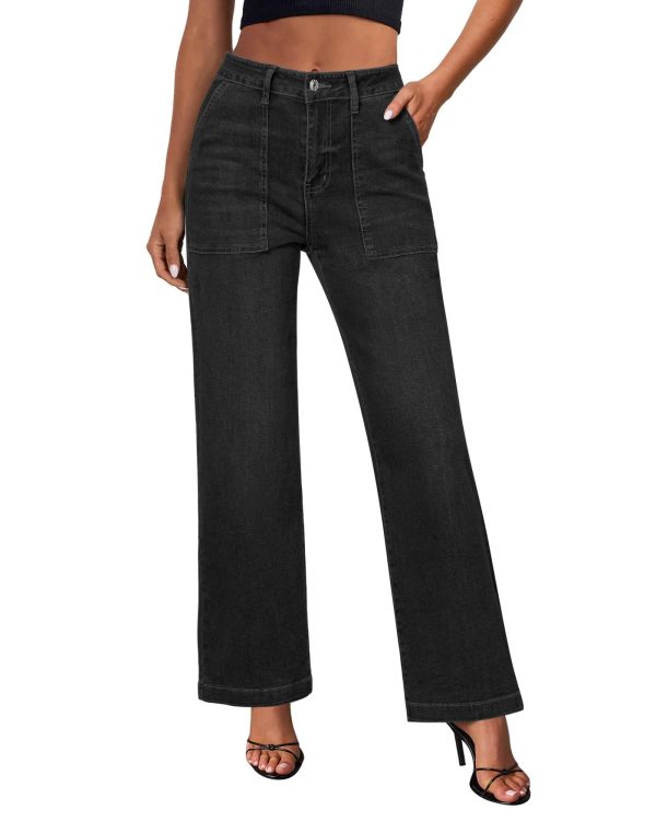 GRAPENT Jeans for Women High Waisted Straight Leg Jeans Stretchy Trendy Wide Leg Denim Pants Jean Trousers Patch Pockets