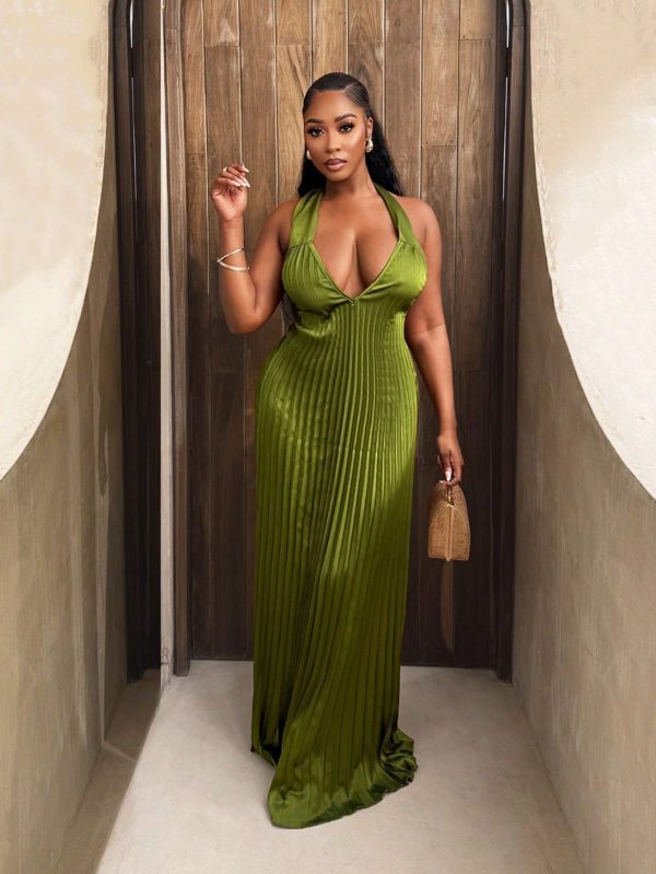 Women's Sexy Deep V Neck Backless Pleated Dress