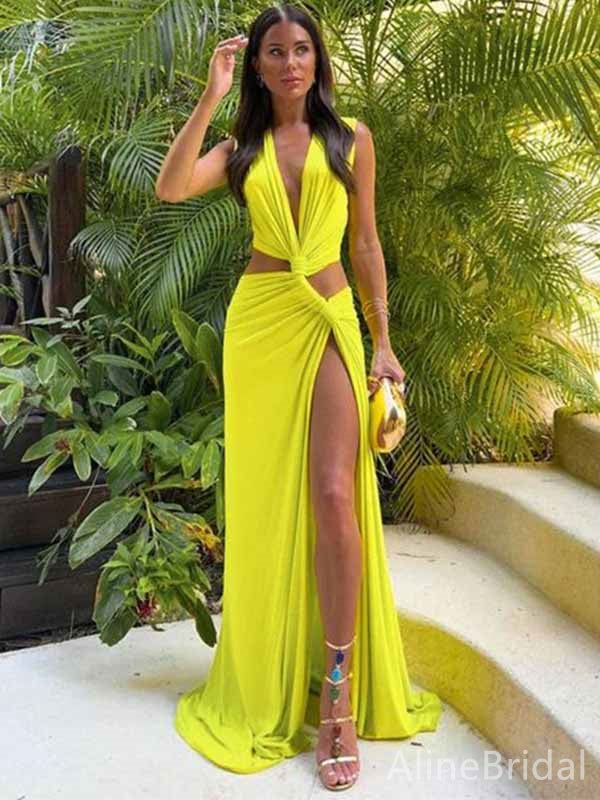 Sexy V-neck Split Side A-line Long Prom Dress,PD381842 - US4 / Picture Color