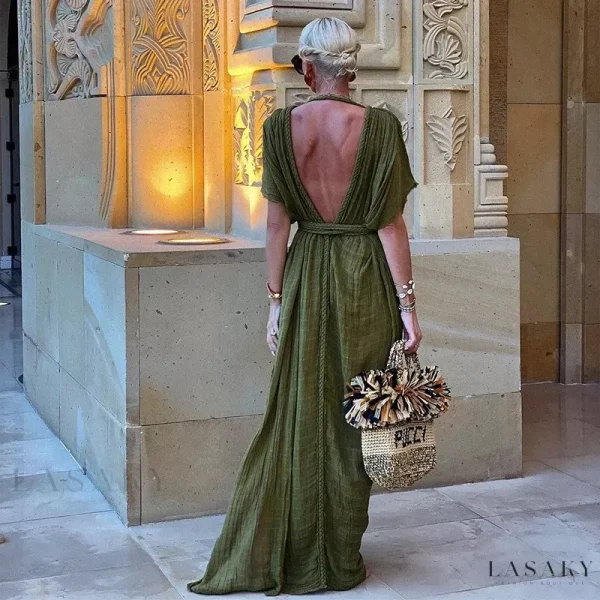 Lasaky - Elegant and Stylish Open-Back Shoulder Wrap Dress for a Sensual Beach Vacation Look - Army Green, ONE-SIZE