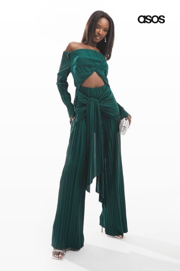 ASOS DESIGN plisse bardot twist front wide leg jumpsuit in bottle green